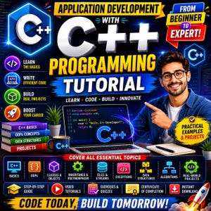 Peut inclure: Un graphique &eacute;ducatif num&eacute;rique pour un tutoriel de programmation C++ avec un ordinateur portable affichant du code, une personne pointant du doigt et du texte incluant Application Development with C++ et Practical Examples.