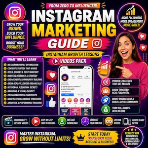 Könnte beinhalten: Ein digitaler Marketing-Leitfaden mit dem Titel Instagram Marketing Guide mit Text über Wachstumslektionen, Videopakete und Profiloptimierung. Die Grafik enthält Symbole für Instagram, Herzen, Daumen hoch und eine Person, die auf ein Smartphone zeigt.