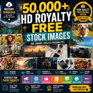 Könnte beinhalten: Eine digitale Werbegrafik für eine Sammlung von über 50.000 hochauflösenden, lizenzfreien Stockfotos. Das Bild enthält auffälligen gelben und weißen Text, darunter den Titel 50,000+ HD ROYALTY FREE STOCK IMAGES, sowie diverse Vorschaubilder.