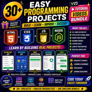 May include: A digital graphic advertisement for a 30+ programming projects tutorial video bundle. It features icons for HTML5, CSS3, JavaScript, and Node.js, along with previews of app interfaces like a to-do list, weather, quiz, and expense tracker.