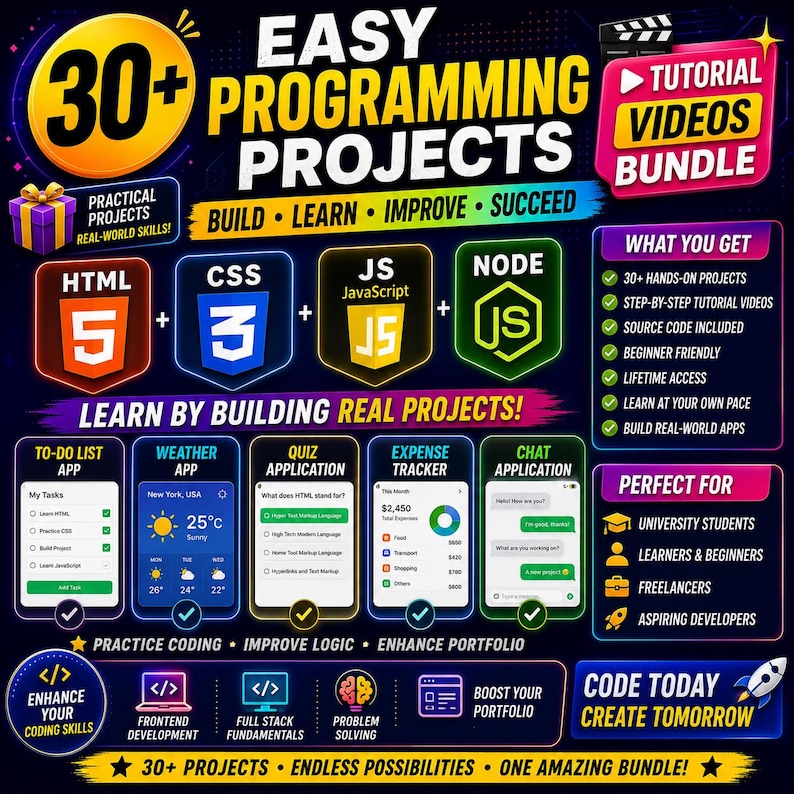 May include: A digital graphic advertisement for a 30+ programming projects tutorial video bundle. It features icons for HTML5, CSS3, JavaScript, and Node.js, along with previews of app interfaces like a to-do list, weather, quiz, and expense tracker.
