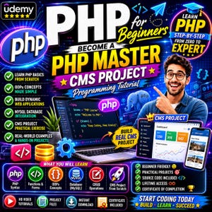 Peut inclure: Un graphique &eacute;ducatif num&eacute;rique pour un cours de programmation PHP avec le texte PHP for Beginners, Become a PHP Master et CMS Project. L'image montre un ordinateur portable, une tablette, un smartphone, des extraits de code et des ic&ocirc;nes.