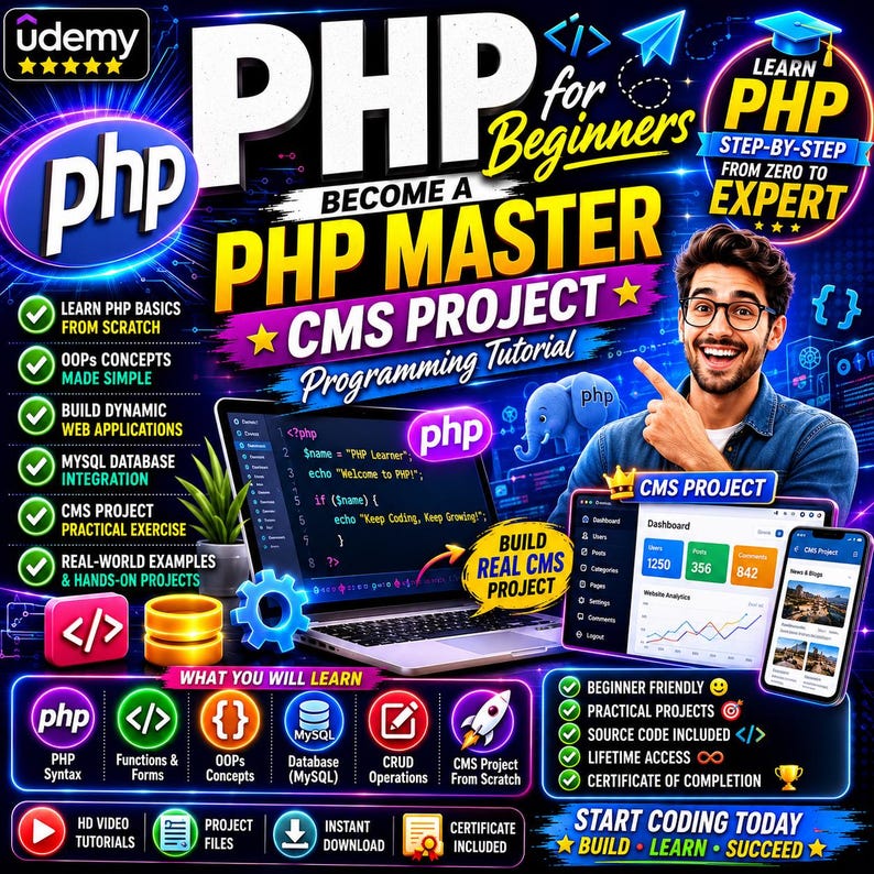 Peut inclure: Un graphique &eacute;ducatif num&eacute;rique pour un cours de programmation PHP avec le texte PHP for Beginners, Become a PHP Master et CMS Project. L'image montre un ordinateur portable, une tablette, un smartphone, des extraits de code et des ic&ocirc;nes.