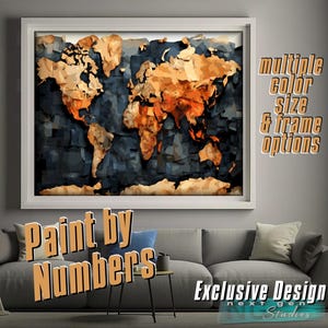 Puede incluir: Una impresión artística enmarcada de un mapa del mundo con borde blanco. El mapa presenta continentes en tonos naranja y marrón sobre un fondo azul oscuro. El texto en la imagen dice "Paint by Numbers" y "Exclusive Design".