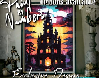 May include: A framed "Paint by Numbers" kit featuring a gothic castle silhouette against a sunset sky. The artwork has a dark color palette with orange, purple, and black hues. Text on the image reads "Multiple Size Options Available" and "Exclusive Design."