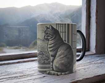 Tazza con paesaggio giapponese - Tazza da caffè con arte vintage con gatto