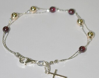 GARNET Gemstones and GOLD FILLED Beads Sterling Silver 925 Chain Two Strands Bracelet with 13mm Cross Charm - Your size - Free Shipping