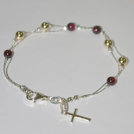 ガーネット クロスチャームブレスレット ガーネットの宝石とゴールド