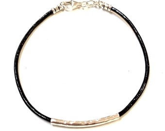 2mm Black Genuine Leather Cord with 925 Sterling Silver End, Clasp and Floating Hammered Curved Tube BRACELET, ANKLET, NECKLACE. Unisex