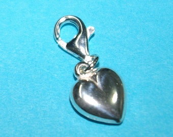 Sterling Silver 925 11mm HEART Clip On Charm Pendant with 11mm Lobster Claw Clasp  - Real Silver - Free Shipping Worldwide