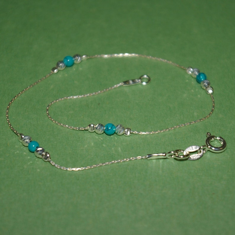 Free Shipping Worldwide Laser Cut and Green Turquoise Bead ANKLETS Lot Custom made to your size 3 pieces Sterling Silver 925 Chain