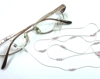 PORTAOCCHIALI Collana con catena in argento Sterling 925, taglio laser e perline in OPALE rosa - Fatto a mano - Spedizione gratuita in tutto il mondo