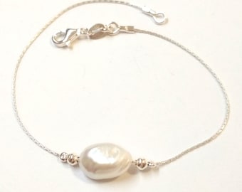 9-10mm Freshwater Baroque Keshi White Pearl with Fine 925 Sterling Silver Chain, Hammered Beads BRACELET / ANKLET / NECKLACE - Free Shipping