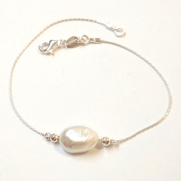 9-10mm Freshwater Baroque Keshi White Pearl with Fine 925 Sterling Silver Chain, Hammered Beads BRACELET / ANKLET / NECKLACE - Free Shipping