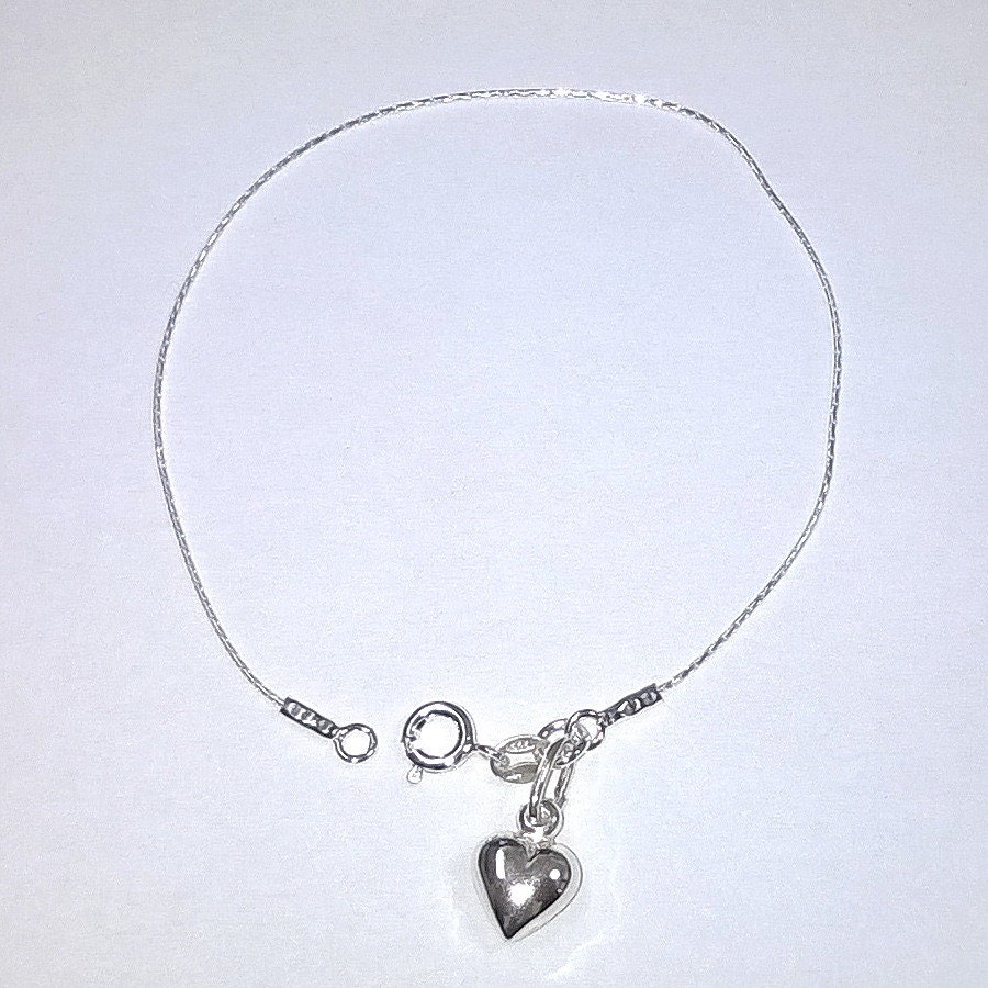 Sterling Silver 925 Fine Chain ANKLET with HEART Charm - Handcrafted - Made to order to your size - Free Shipping Worldwide