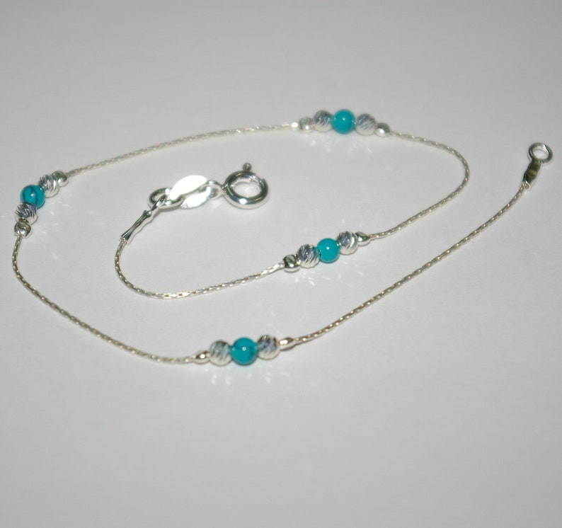 Free Shipping Worldwide Laser Cut and Green Turquoise Bead ANKLETS Lot Custom made to your size 3 pieces Sterling Silver 925 Chain