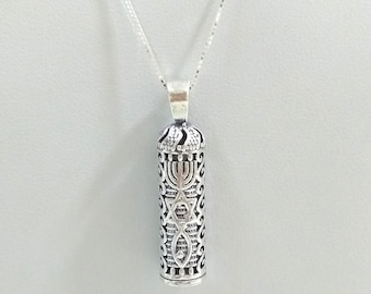 925 Sterling Silver MESSIANIC Symbol ( Menorah, Star of David, Fish ) MEZUZAH Pendant with BOX Chain Necklace Scroll included. Free Shipping