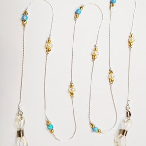 EYEGLASS HOLDER Jewelry Sterling Silver 925 Chain, Gold Filled Hammered Beads, Light Blue Opal Beads, Freshwater Pearls - Free Shipping