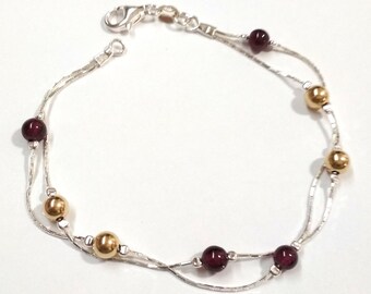 GARNET Gemstones and GOLD FILLED Beads Sterling Silver 925 Chain Two Strands Bracelet / Anklet. Custom made to your size - Free Shipping