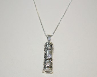 Sterling Silver 925 Cut Out Jewish Chai Symbol MEZUZAH Pendant and BOX Chain Necklace, Scroll included - Real Silver - Free Shipping.