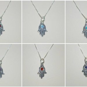 Sterling Silver 925 Small Gemstone HAMSA Fatima Hand Charm Pendant with BOX Chain - Garnet, Opal, Turquoise, Amethyst, Carnelian, Blue Agate