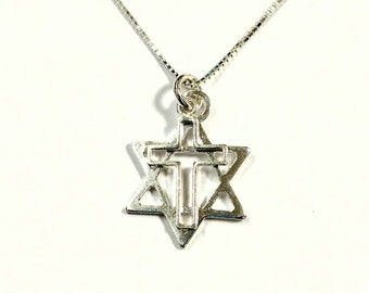 Messianic Star of David and Cross Two Charms Pendant with or without Box Chain Necklace - Real Sterling Silver 925 - Free Shipping Worldwide