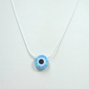 10mm Light or Dark Blue OPAL EVIL EYE Charm with 925 Sterling Silver 0.6mm Fine Chain Necklace. Free Shipping Worldwide image 1