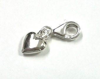 Sterling Silver 925 9mm HEART Clip On Charm Pendant with 11mm Lobster Claw Clasp  - Real Silver - Free Shipping Worldwide