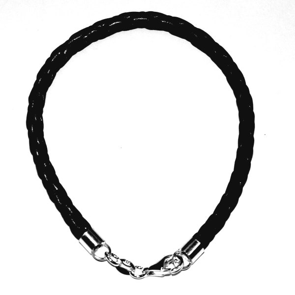 Cordon en cuir tressé noir de 4 mm avec extrémités en argent sterling 925 et bracelet à fermoir, cheville, collier. Unisexe Fabriqué à votre taille. Livraison gratuite