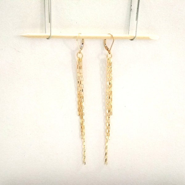 2x4mm Paper Clip LONG BOX Elongated Rectangle Links Chain 14kt Gold Filled 3 Strands Tassel 4 inch Long Dangle EARRINGS with Leverback Hooks