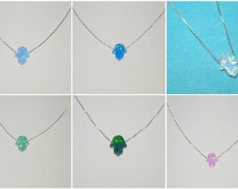 10x8mm Small Opal HAMSA Fatima Hand Charm Pendant with Sterling Silver 925 Chain NECKLACE Blue, Green, White, Pink. Free Shipping Worldwide