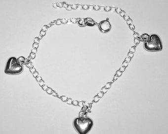 Sterling Silver 925 HEART Charms BRACELET / ANKLET - Custom made to your size - Real / Genuine Silver - Free Shipping Worldwide