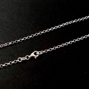 May include: A silver chain necklace with a lobster clasp closure. The chain is made of small, round links.