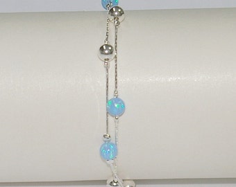 Sterling Silver 925 Chain, 5mm Opal and Silver Seamless Beads Two Stands ANKLET - Handcrafted, Custom made to your size - Free Shipping