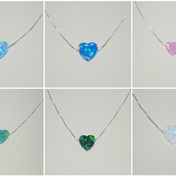 10mm OPAL HEART Charm Pendant with Sterling Silver 925 Fine BOX Chain Necklace. Real Genuine Solid Silver. Free Shipping Worldwide.