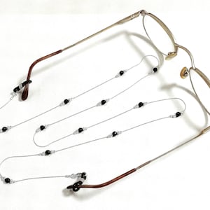 EYEGLASS Holder Beaded Chain Necklace Jewelry. 925 Sterling Silver Chain, Laser Cut/Diamond Cut Sparkle Beads and Faceted Black ONYX Beads.