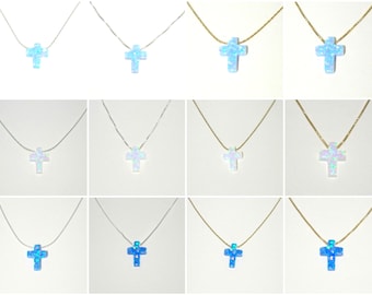 12x9mm OPAL CROSS Charm with 925 Sterling SILVER Chain Necklace. Light Blue, White, Dark Blue. 0.6mm or Box Chain. Real Silver. Your Size