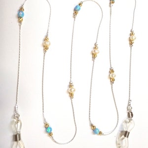 3 pcs EYEGLASS HOLDER Necklace Sterling Silver 925 Chain, Gold Filled Hammered Beads, Light Blue Opal Beads, Freshwater Pearls Free Shipping