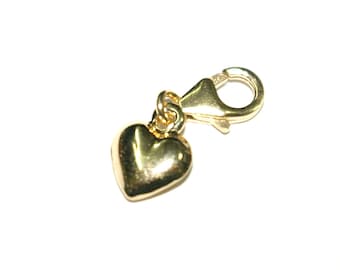Gold Plated 925 Sterling Silver 9mm Puffed HEART Clip On Charm Pendant with 14kt Gold Filled 11mm Lobster Claw Clasp Free Shipping Worldwide