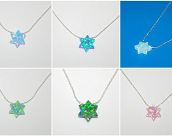 Opal STAR of DAVID Sterling Silver 925 NECKLACE Light and Dark Blue, Light and Dark Green, White, Pink. Real Silver. Free Shipping Worldwide