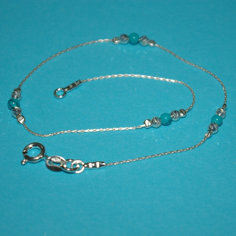 Free Shipping Worldwide Laser Cut and Green Turquoise Bead ANKLETS Lot Custom made to your size 3 pieces Sterling Silver 925 Chain