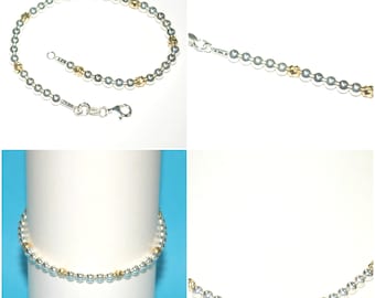 Two Tone Bracelet or Anklet or Necklace, 4mm 925 Sterling Silver and 14kt Gold Filled Hammered Beads - Free Shipping