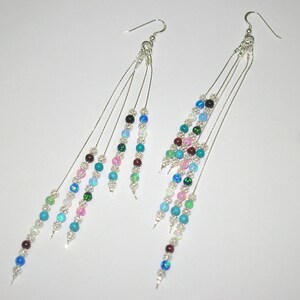 Multi Colored Gemstone Beads and Sterling Silver 925 Mesh Beads Dangle Long EARRINGS. Handmade. Free Shipping Worldwide