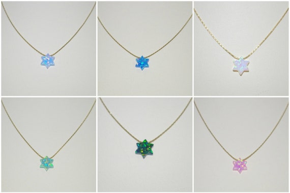 Opal STAR of DAVID 14kt Gold Filled Chain NECKLACE Light and Dark Blue, Light and Dark Green, White, Pink. Real Gold Filled. Free Shipping