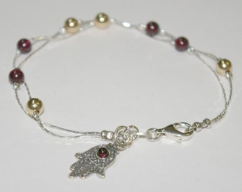 Garnet Gemstones and Gold Filled Beads Sterling Silver 925 Chains Two Strands BRACELET / ANKLET with HAMSA Charm - Made to your size