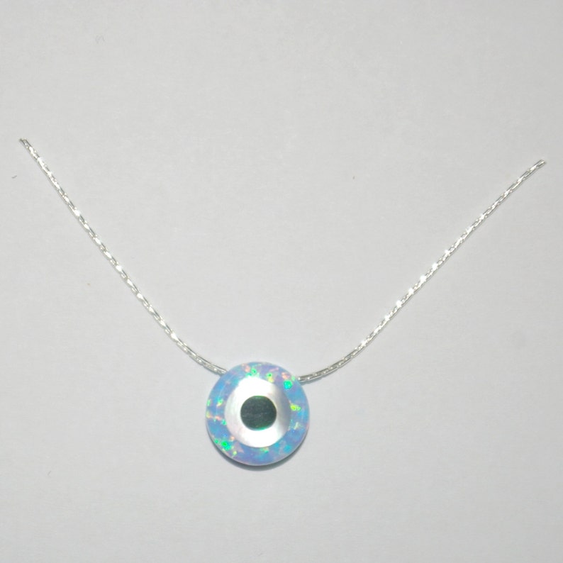 10mm Light or Dark Blue OPAL EVIL EYE Charm with 925 Sterling Silver 0.6mm Fine Chain Necklace. Free Shipping Worldwide image 6