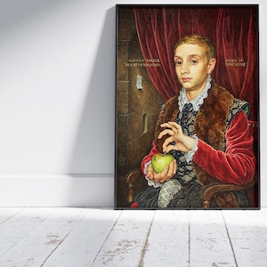 May include: A painting of a young person in a red and fur-trimmed coat holding a green apple. The background is a red curtain with gold lettering.