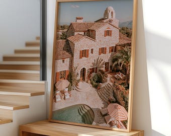 Villaprint aan het zwembad aan de Italiaanse Rivièra, muurkunst mediterraan landgoed, decor Europese zomer