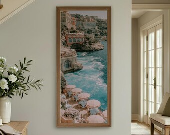 Print café Franse Rivièra, luxe muurkunst uitzicht op de oceaan, decor mediterrane kust