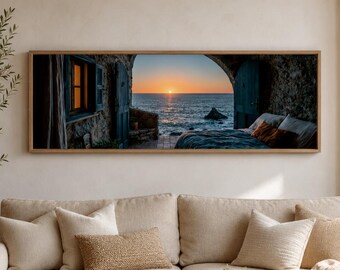 Print mediterrane zonsondergang zeegezicht, muurkunst slaapkamer kust, warm decor oceaanzicht